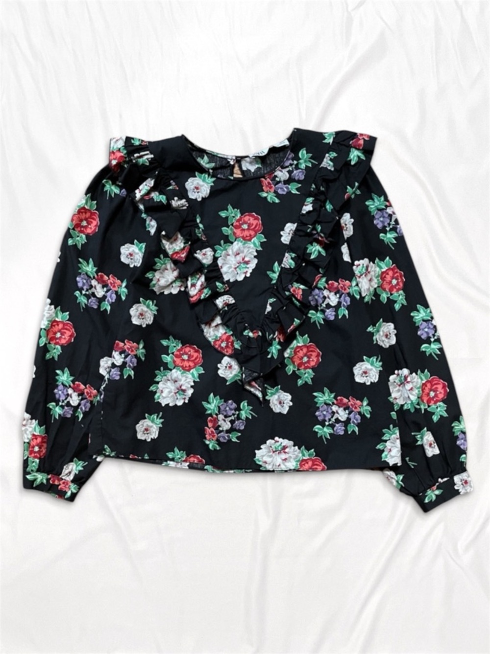 Zara Black Floral Long Sleeve Ruffle Blouse